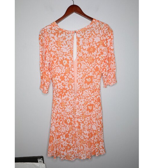 MINKPINK Marli Floral Mini Dress Orange Pink V-Neck Puff Sleeve Keyhole Back - Picture 16 of 16